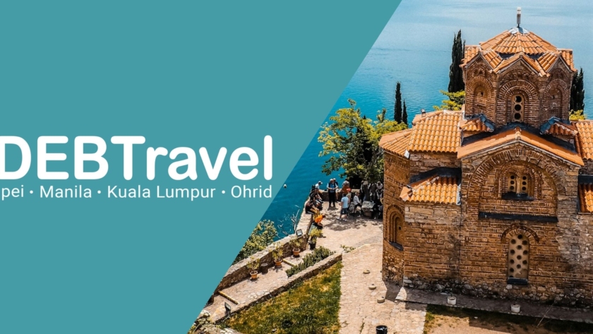 Aerial view of Ohrid and Lake Ohrid with St. John at Kaneo church overlooking the water.