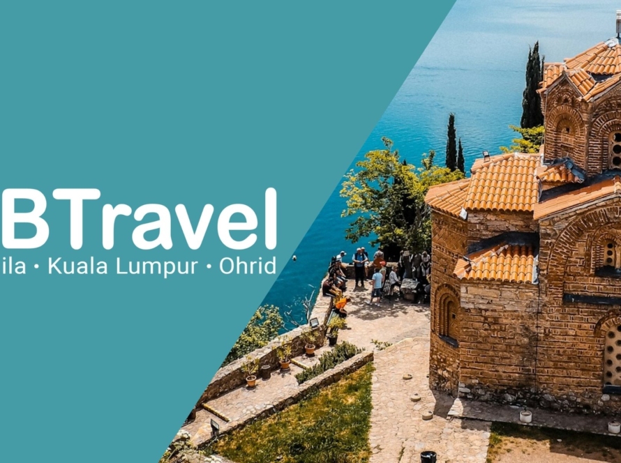 Aerial view of Ohrid and Lake Ohrid with St. John at Kaneo church overlooking the water.