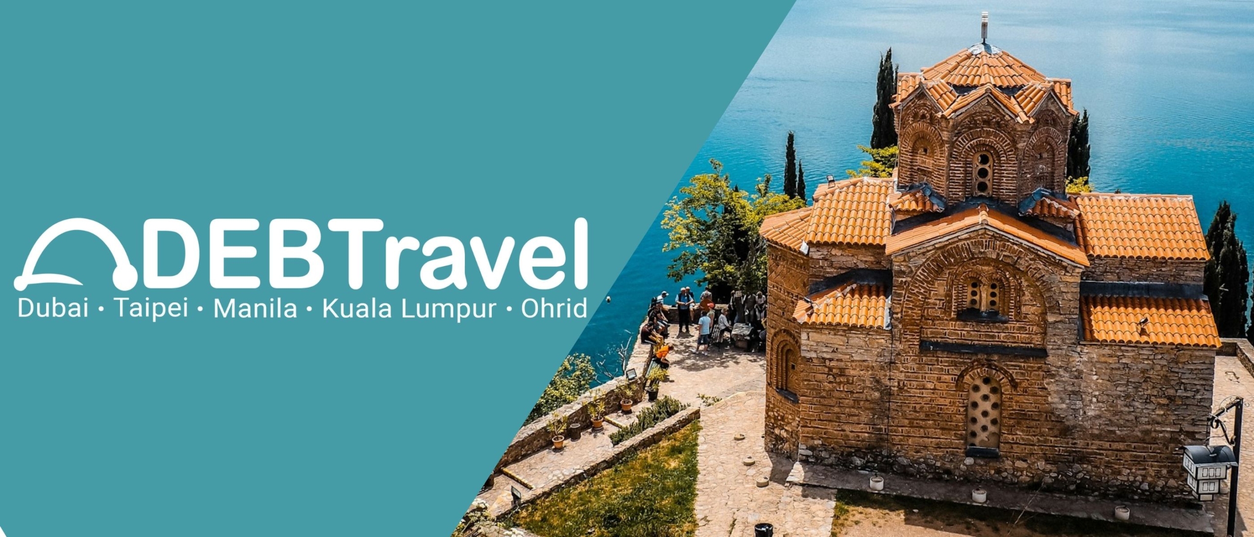 Aerial view of Ohrid and Lake Ohrid with St. John at Kaneo church overlooking the water.