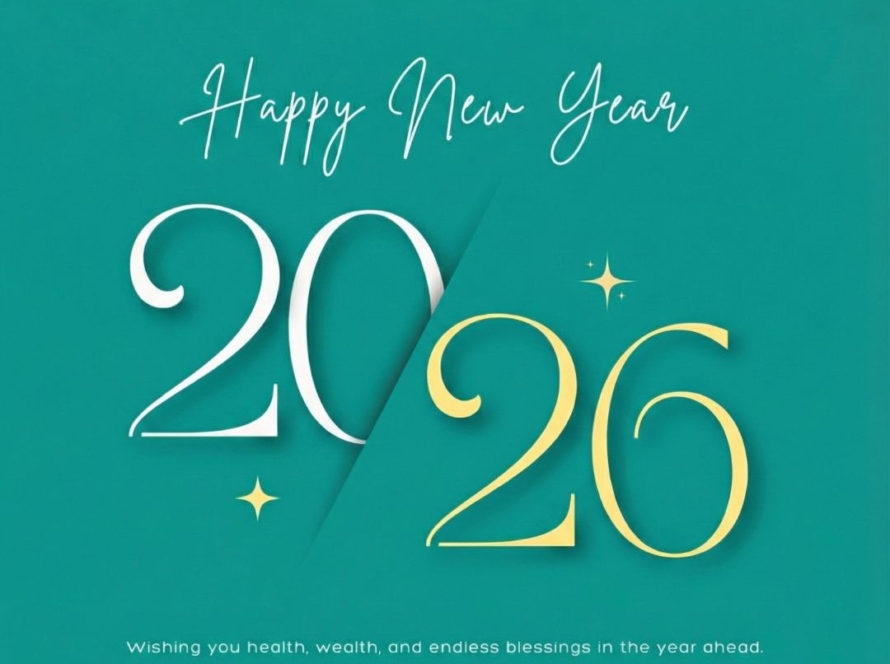 Fireworks over a scenic travel destination with “Happy New Year 2026” text.