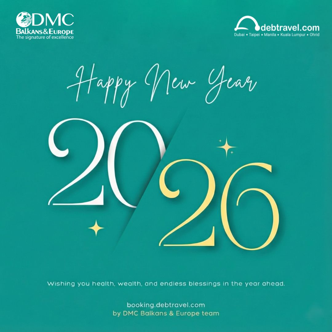 Fireworks over a scenic travel destination with “Happy New Year 2026” text.