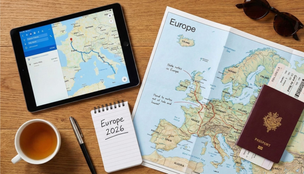 Group travel route planning with maps and itineraries for multi-region programs