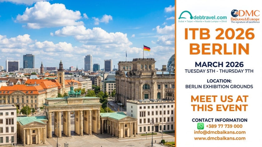 Panoramic view of Berlin featuring the Brandenburg Gate and Reichstag building under a blue sky, alongside event details announcing Deb Travel and DMC Balkans & Europe participation at ITB Berlin 2026, March 5–7 at Berlin Exhibition Grounds.