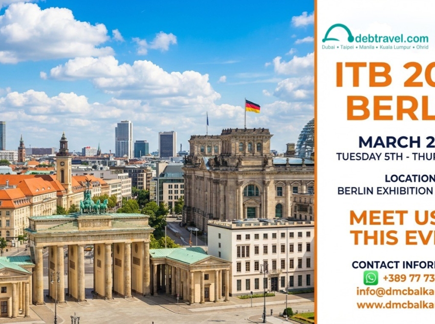 Panoramic view of Berlin featuring the Brandenburg Gate and Reichstag building under a blue sky, alongside event details announcing Deb Travel and DMC Balkans & Europe participation at ITB Berlin 2026, March 5–7 at Berlin Exhibition Grounds.